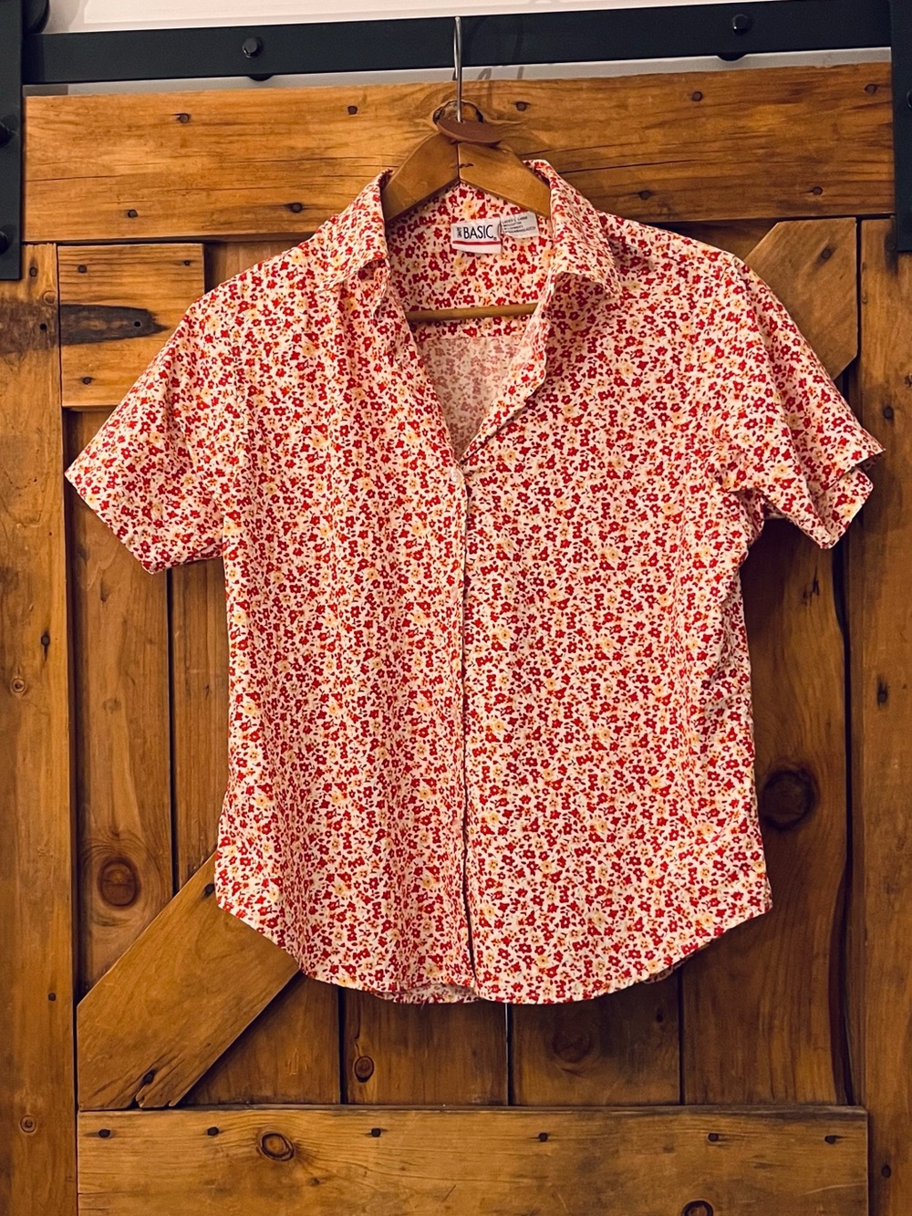 Vintage Simply Basic Ditsy Floral Button-Up Shirt Red Yellow – L